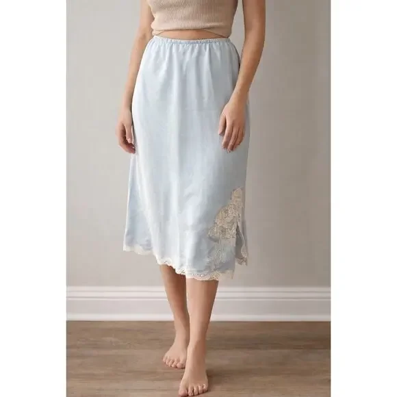 Vintage Christian Dior Slip Skirt Light Blue Lace Trim ILGWU USA Made M - Picture 1 of 15